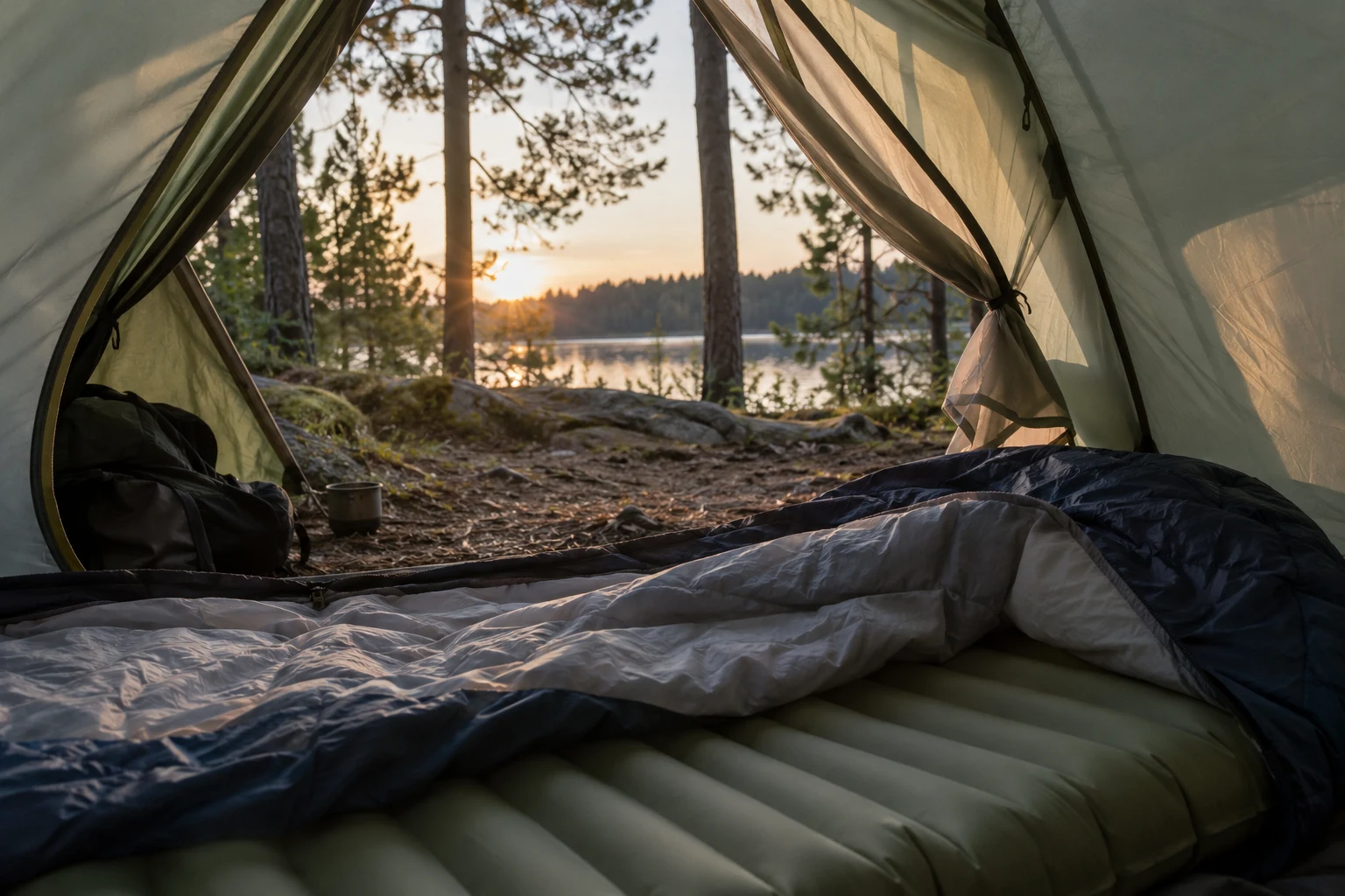 Isomatte und Schlafsack im Zelt bei Morgenlicht