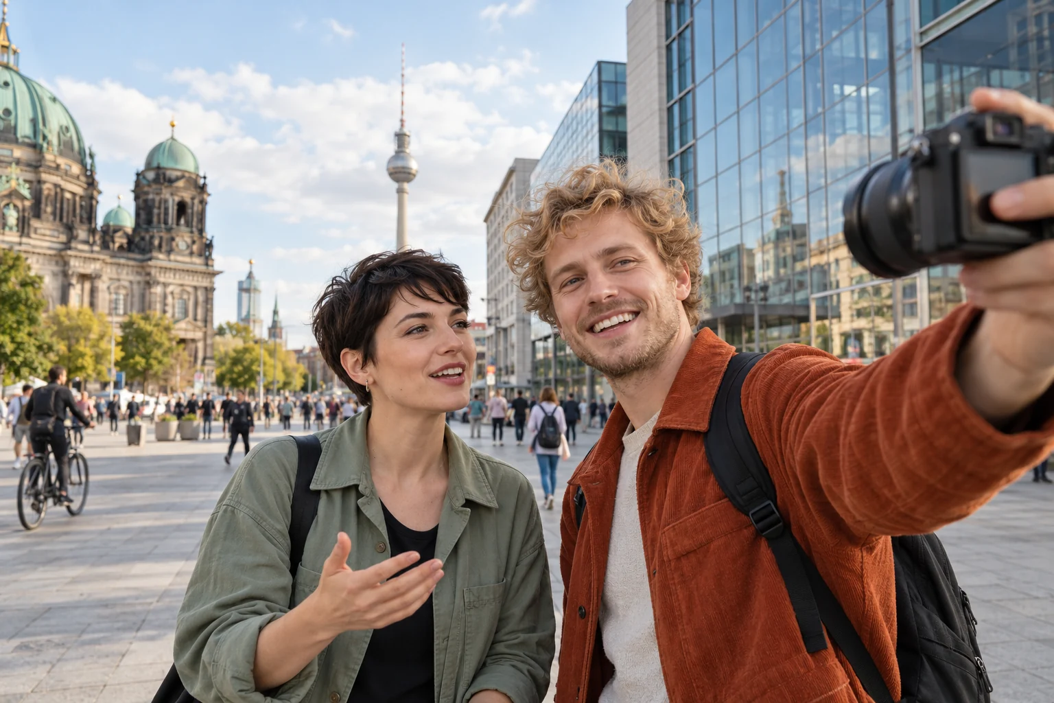 Zwei fiktive Moderatoren filmen auf einer windigen Straße