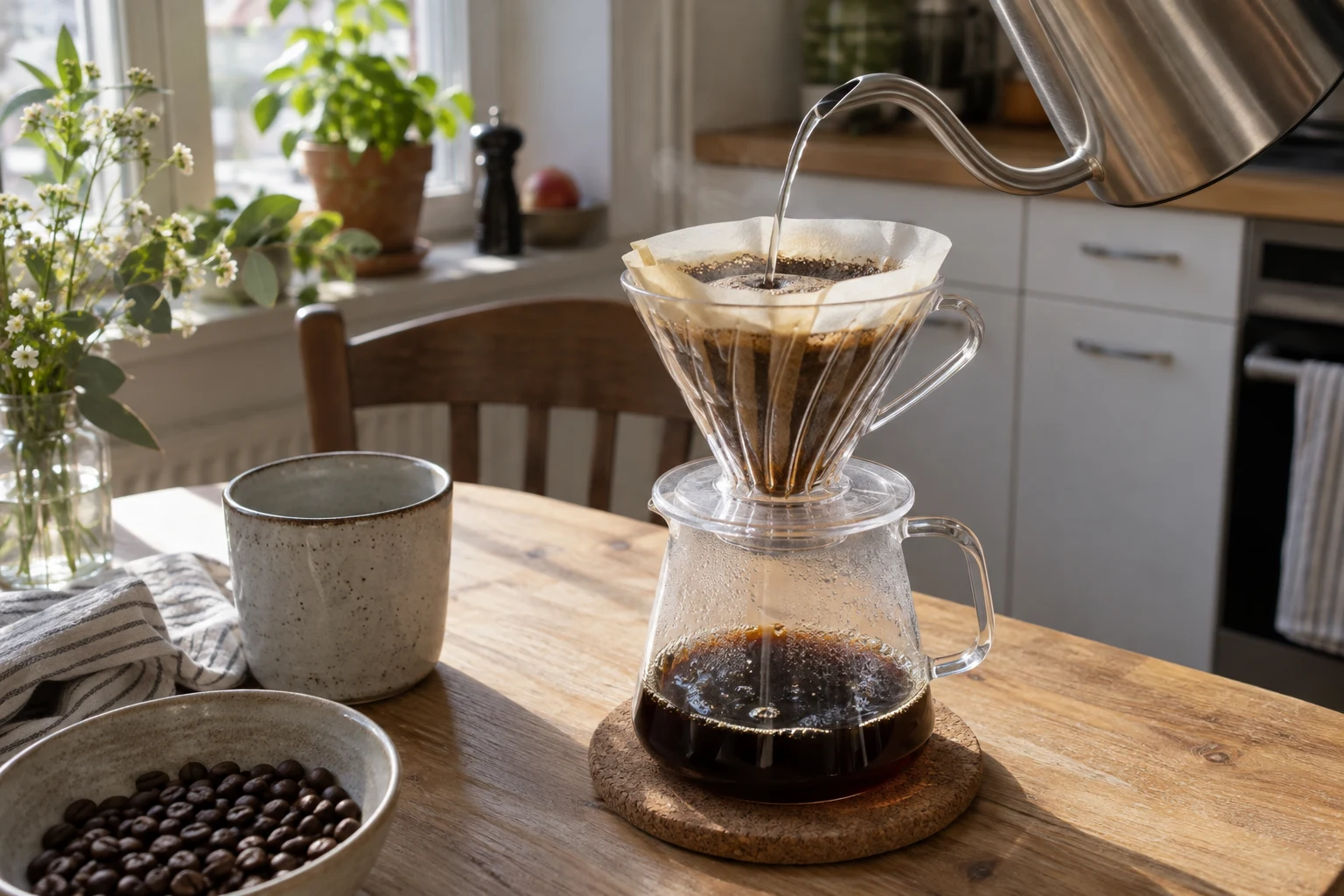 Wasser wird durch einen Handfilter in eine Kaffeekanne gegossen